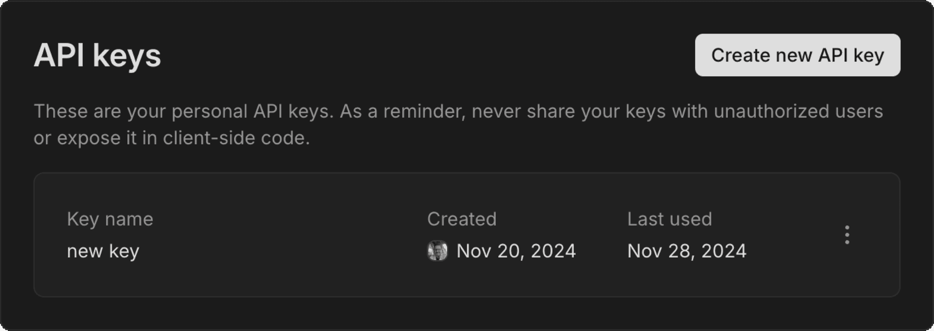 Creating a personal API key in the Neon Console